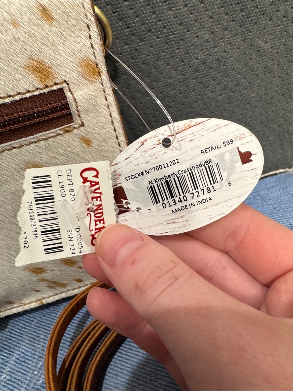 Nocona Tooled Leather Crossbody in Tan with Cream Hair-On Accent - Picture 2 of 5